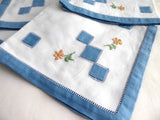 Napkins Blue Border Set of 4 Tea Party Cocktail Embroidered Appliqued 1940s Linen Tea Party