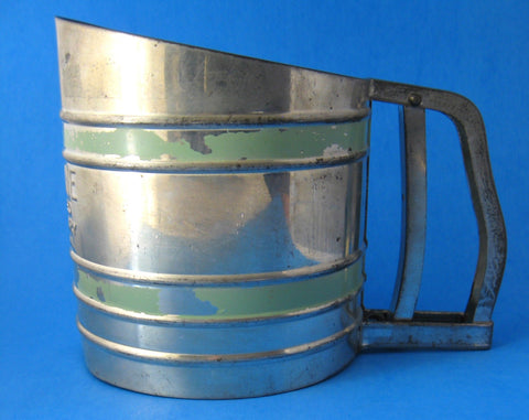 Tin Flour Sifter Original Green Paint 1940s Sift-Chine Triple Sifters Kitchen Gadget
