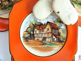 Orange Border English Pub 4 Side Plates 1940s 6 Inches Black Trim