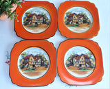 Orange Border English Pub 4 Side Plates 1940s 6 Inches Black Trim