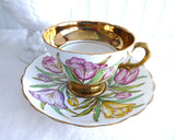 Gorgeous Rosina England Cup and Saucer Hand Colored Tulips On Brown Transfer Luxe Gold