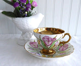 Gorgeous Rosina England Cup and Saucer Hand Colored Tulips On Brown Transfer Luxe Gold