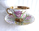 Gorgeous Rosina England Cup and Saucer Hand Colored Tulips On Brown Transfer Luxe Gold