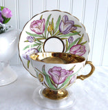 Gorgeous Rosina England Cup and Saucer Hand Colored Tulips On Brown Transfer Luxe Gold