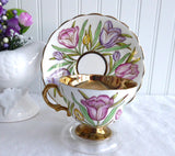 Gorgeous Rosina England Cup and Saucer Hand Colored Tulips On Brown Transfer Luxe Gold