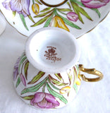 Gorgeous Rosina England Cup and Saucer Hand Colored Tulips On Brown Transfer Luxe Gold