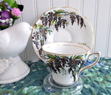 Wisteria Cup and Saucer Rosina England Hand Colored On Black Transfer Red Enamel Accents