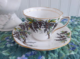 Wisteria Cup and Saucer Rosina England Hand Colored On Black Transfer Red Enamel Accents