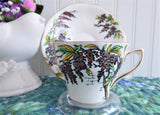 Wisteria Cup and Saucer Rosina England Hand Colored On Black Transfer Red Enamel Accents