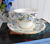 Cup and Saucer Rosina England Hand Colored Blue Dog Roses On Black Transfer Art Deco