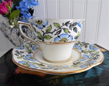 Cup and Saucer Rosina England Hand Colored Blue Dog Roses On Black Transfer Art Deco