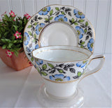 Cup and Saucer Rosina England Hand Colored Blue Dog Roses On Black Transfer Art Deco