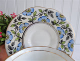 Cup and Saucer Rosina England Hand Colored Blue Dog Roses On Black Transfer Art Deco