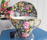 Rosina Floral Chintz Cup And Saucer 1950s Flowers On Black English Bone China
