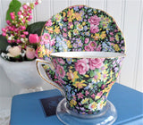 Rosina Floral Chintz Cup And Saucer 1950s Flowers On Black English Bone China