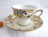 Rosina England Hand Colored Cup and Saucer Yellow Dog Roses On Brown Transfer