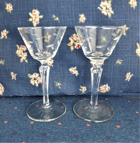 Vintage Mid Century Floral Hand Cut Etched Crystal Wine Glasses - Set of 6