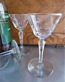 Etched 6 Sherry Glasses Crystal Stemware Leaves 1950s Wine Elegant Fancy Tea