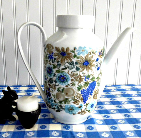 Coffeepot Blue Brown Arzberg Bavaria 1960s Mid Century Modern Tall Teapot Nuts Fruit