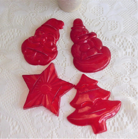 Merry Christmas Cookie Cutters 4 Red Plastic Aunt Chick 1950s Santa Star Tree Snowman