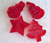 Merry Christmas Cookie Cutters 4 Red Plastic Aunt Chick 1950s Santa Star Tree Snowman