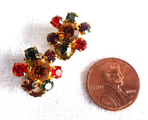 Austrian Crystal Earrings 1950s Dainty Jewel Color Clusters Round Rhinestones Clips