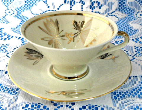 Retro Bavarian Martini Glass Shape Cup And Saucer Gold Overlay Leaves 1950s