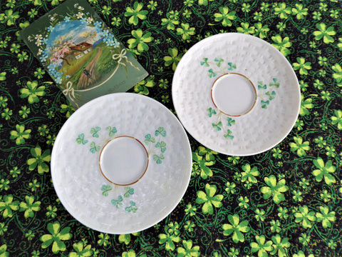 Pair Saucers Irish Belleek Shamrock 1950s Basket Weave 4th Green Mark