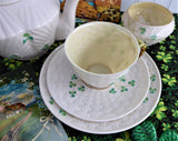 Irish Belleek Teacup Trio Basket Weave With Shamrocks 1950s 4th Green Mark