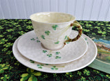 Irish Belleek Teacup Trio Basket Weave With Shamrocks 1950s 4th Green Mark