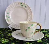 Irish Belleek Teacup Trio Basket Weave With Shamrocks 1950s 4th Green Mark