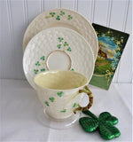 Irish Belleek Teacup Trio Basket Weave With Shamrocks 1950s 4th Green Mark