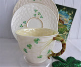 Irish Belleek Teacup Trio Basket Weave With Shamrocks 1950s 4th Green Mark