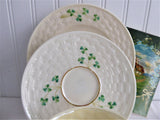 Irish Belleek Teacup Trio Basket Weave With Shamrocks 1950s 4th Green Mark