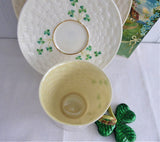 Irish Belleek Teacup Trio Basket Weave With Shamrocks 1950s 4th Green Mark