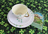 Irish Belleek Teacup Trio Basket Weave With Shamrocks 1950s 4th Green Mark