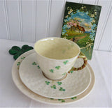 Irish Belleek Teacup Trio Basket Weave With Shamrocks 1950s 4th Green Mark