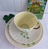 Irish Belleek Teacup Trio Basket Weave With Shamrocks 1950s 4th Green Mark