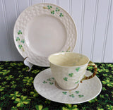 Irish Belleek Teacup Trio Basket Weave With Shamrocks 1950s 4th Green Mark