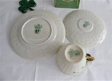 Irish Belleek Teacup Trio Basket Weave With Shamrocks 1950s 4th Green Mark