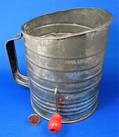 Red Wood Handled 1950s Tin Flour Sifter Bromwell 6 Cup Measuring Sifter Kitchen Gadget