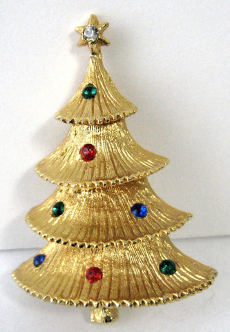 Christmas Tree Pin Holiday Brooch 1950s Figural Multi Colored Rhinestones LJM