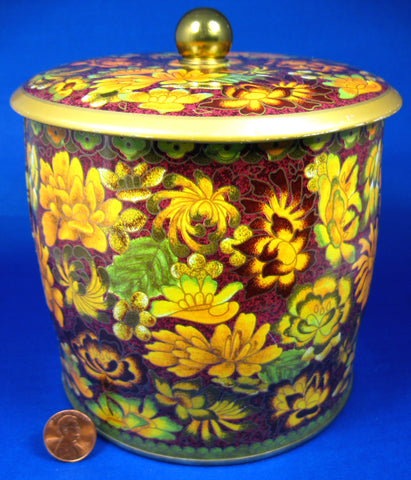 Tea Tin Daher Brown Gold Floral Ball Finial 1950s Autumn Colors English