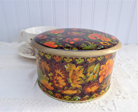 English Tea Tin Daher Tea Caddy Dark Floral Chintz Fall Colors 1950s