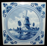 Delft Tile Delfts Windmill Canal Holland Vintage Dutch 1950s Blue And White Decorative Tile