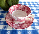 Red Transferware Tea Cup And Saucer English Scenery 1940s Woods Rural Landscape