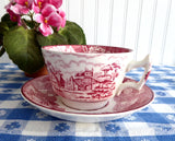 Red Transferware Tea Cup And Saucer English Scenery 1940s Woods Rural Landscape
