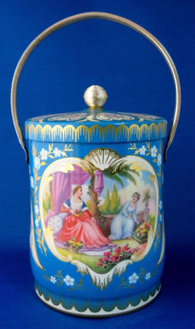 Tea Tin Caddy Blue Gold Overlay Ladies Handle England 1950s