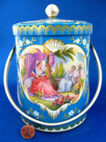 Tea Tin Caddy Blue Gold Overlay Ladies Handle England 1950s Biscuit Tin