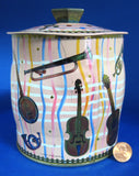 Tea Tin Pink Musical Instruments Stripes Retro England 1940s Biscuits Cookies